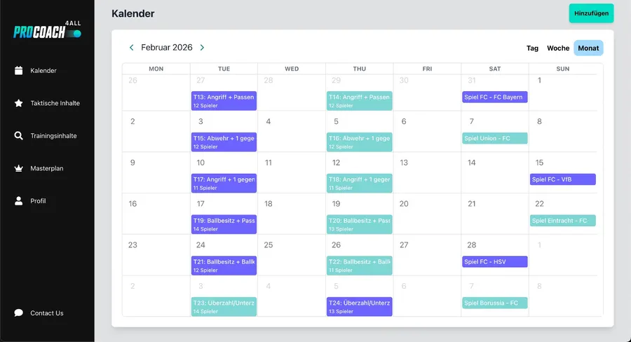 Eine komplette Saison an Trainingseinheiten im ProCoach4All-Kalender